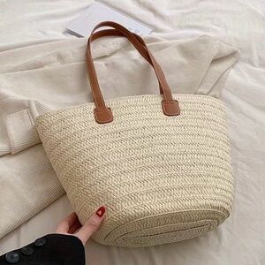 Elegant Cream Woven Tote Bag with Tan Handles for Summer